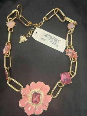 GUESS Gold-Tone Necklace with Pink Enamel Flower and Pink Gems